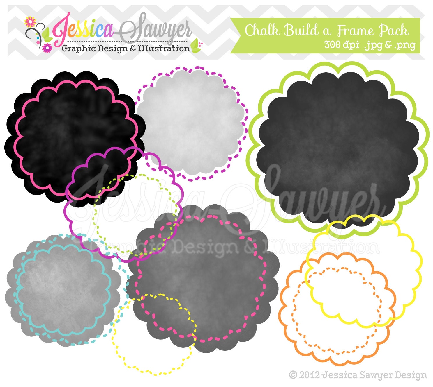 INSTANT DOWNLOAD build a circle chalk digital frame, round printable tag, scalloped circle, textured frames clipart, for commercial use Il_570xn