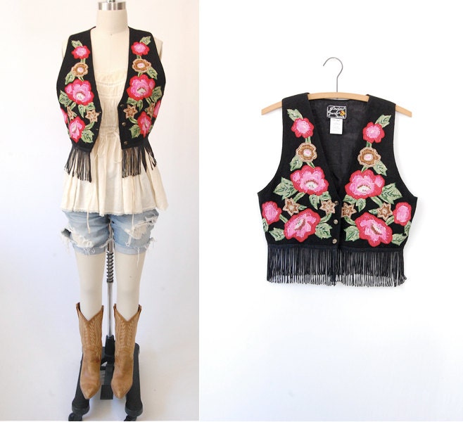 Vintage embroidered beaded fringe vest boho folk / Spanish Flamenco Anthropologie hippie chic gypsy / S M small medium