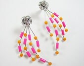 One Of A Kind - Vintage 1950s Hand Painted Neon Orange and Pink Rhinestone Earrings - by Love Obsessed