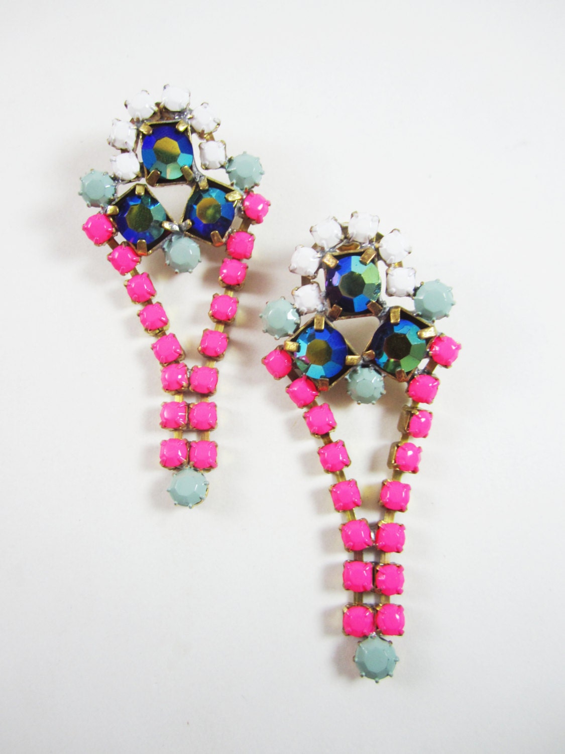 One Of A Kind - Vintage 1950s Hand Painted Neon Pink Rhinestone Earrings - by Love Obsessed