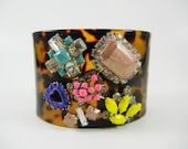 One Of A Kind Love Obsessed Design - Tortoise Cuff with Hand Painted Rhinestone Center - OOAK