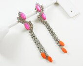 The Lanie Earrings- One Of A Kind -  Hand Painted - Fucshia and Coral Rhinestone Earrings - by Love Obsessed