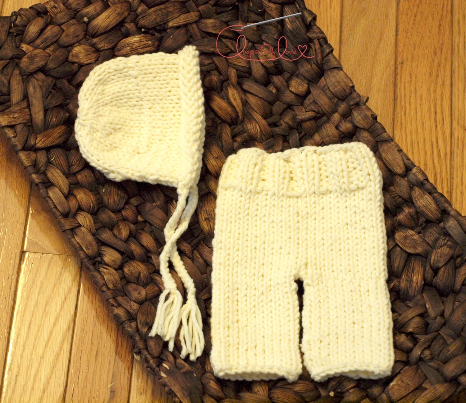 Newborn Knit Cream Bonnet and Pants Photo Prop