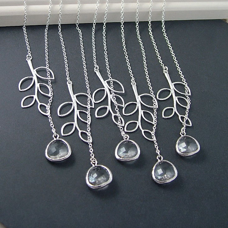 Set of 5 (five) Bridesmaids Necklaces - Branch Lariat Necklace with Crystal Glass Drop, Sterling Silver Chain, Wedding Jewelry, Bridal