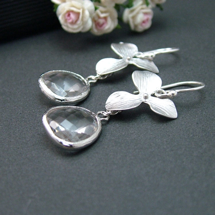Orchid Earrings, Glass Drop, Sterling Silver, Clear Crystal, Wedding Jewelry, Bridal, Bridesmaid Earrings