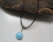 Larimar and Sterling Silver Necklace on Double Dark Brown Natural Leather Cord - Caribbean Blue