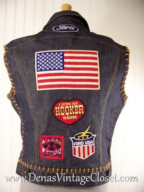 Rare Vintage Denim Lee Sanforized Vest with Patches Ford Honda Flag Stitching EXC M/L