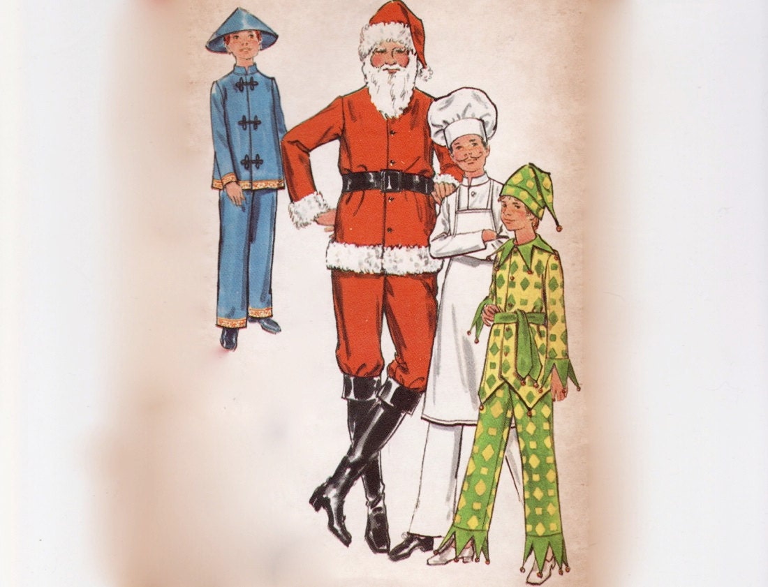 Vintage 1970s Sewing Pattern - Boy's Court Jester, Santa Clause, Chinese Man, & Chef Costumes - Butterick 6399, Size 12 Chest 30, Uncut