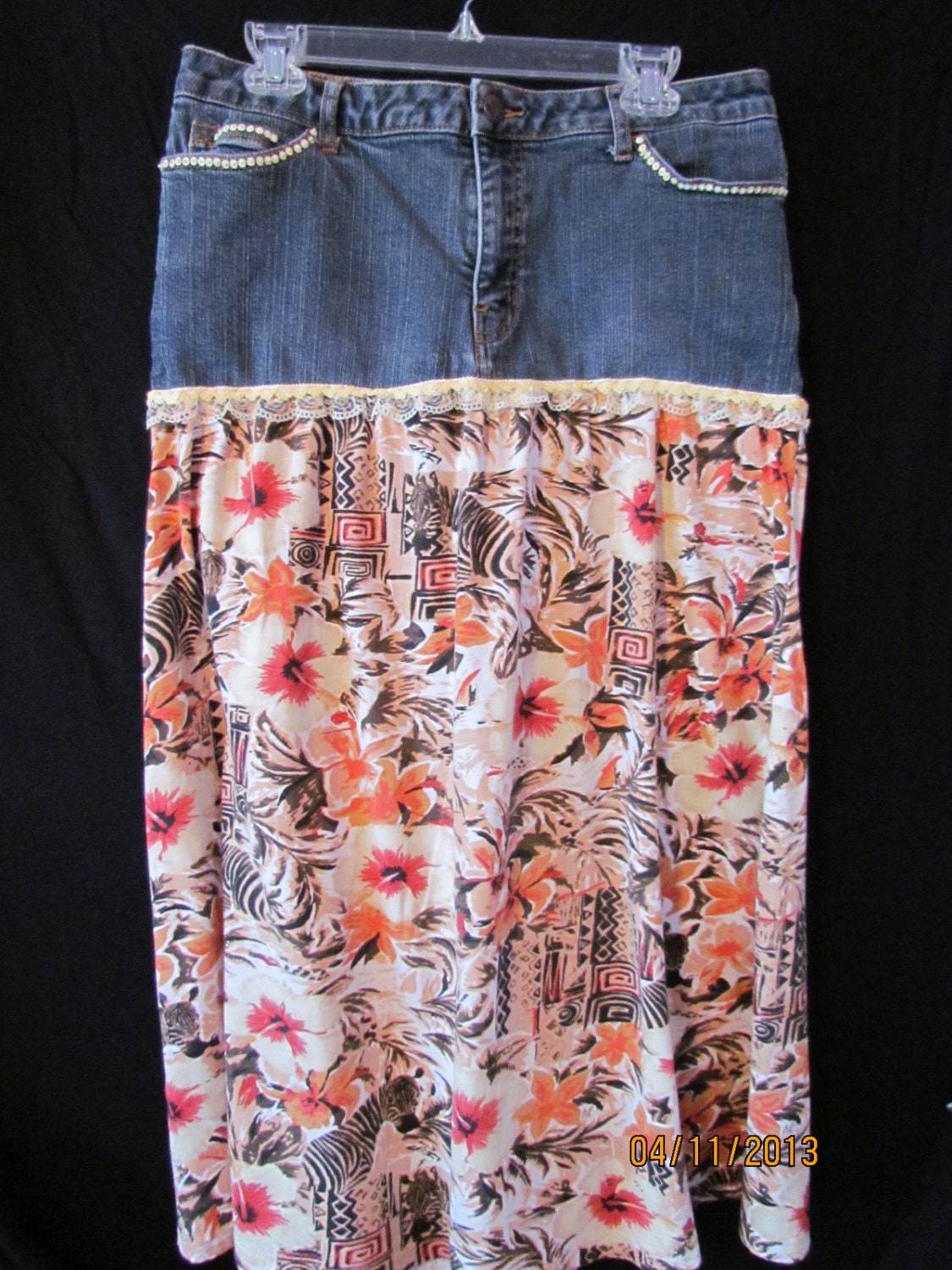 Ladies Size 16 Upcycled/Recycled Long Denim Skirt with a Cotton African/Saharan Print