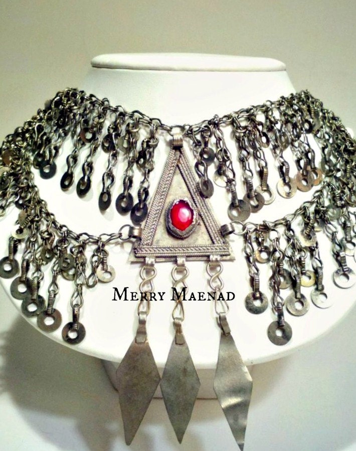 ATS Kuchi double layer chain fringe necklace with Turkoman pendant. Tribal fusion belly dance. OOAK ethnic jewelry