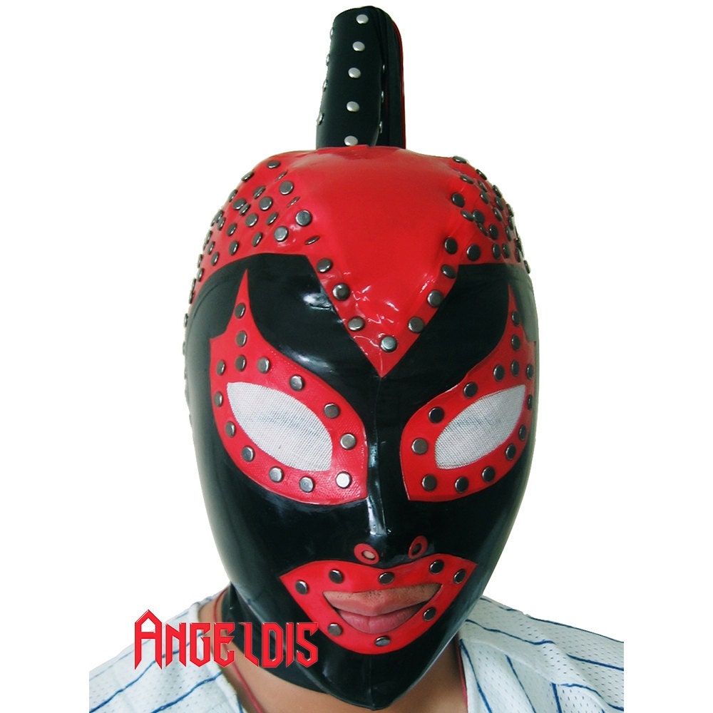 AngelDis latex hood mask with pony tial open eyes face rivet black & red 02020