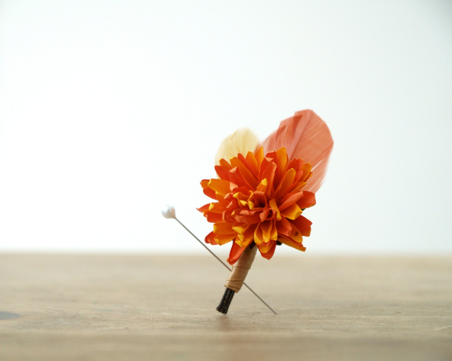 Orange Lapel Pin, Natural Wedding Boutonniere, Groomsman Lapel Pin, Vintage Peach Orange Brown Cream Hues, Feather, Country Simple Wedding
