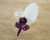 Purple Boutonniere, Natural Lapel Pin, Romantic Country Vintage Groomsman Egplant and White Lavender, Feather