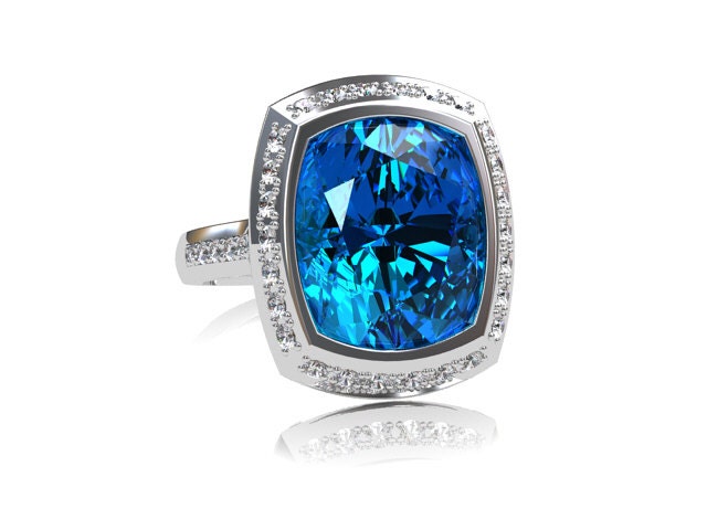 5.00ct cushion cut swiss blue topaz halo engagement ring with diamonds, made from white gold, engagement, blue, diamond halo, micro pave