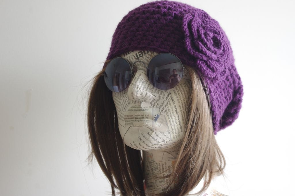 READY SHIP Hand Knit Hat Cloche Hat purple flower Spring Fall Autumn Winter Accessories Fashion