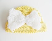 Baby Hat, Newborn Girl Hat, Crochet Baby Hat, Newborn Photo Prop decorated with lace bow kids clothing  spring celebration