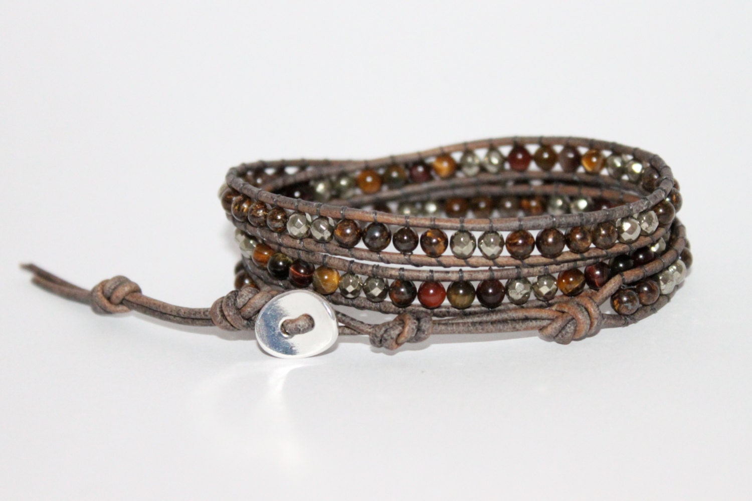 3 wrap leather bracelet - Semi precious Bronzite & Tiger Eye -Chan Luu inspired -