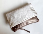 Silk clutch, fold over clutch with ivory silk and leather