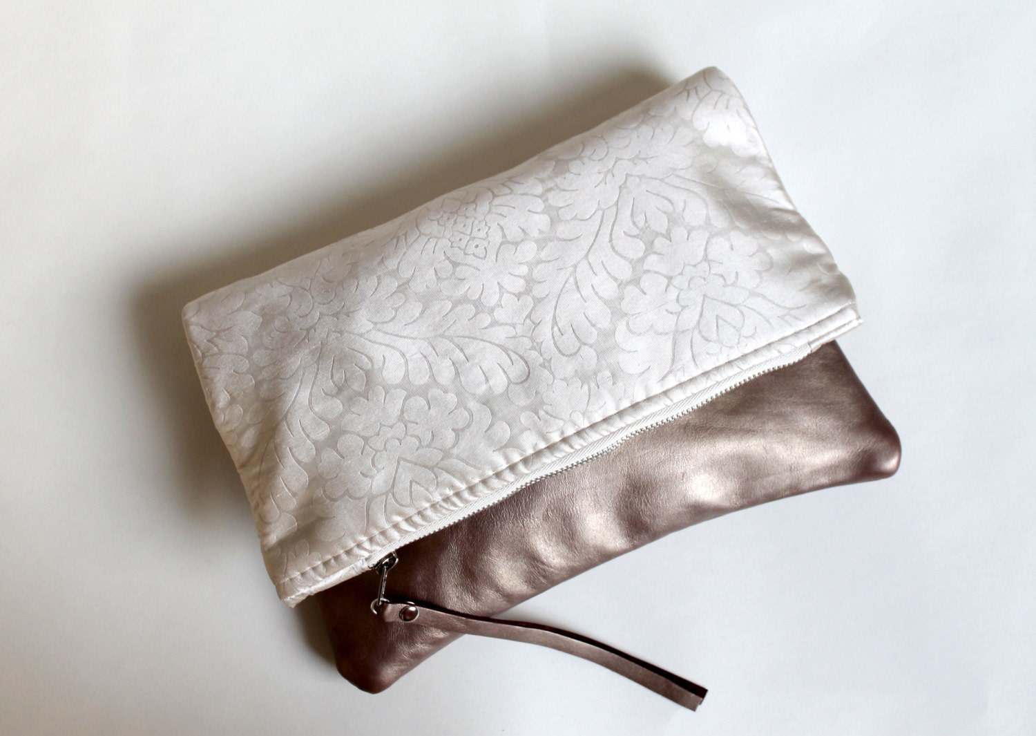 Silk clutch, fold over clutch with ivory silk and leather