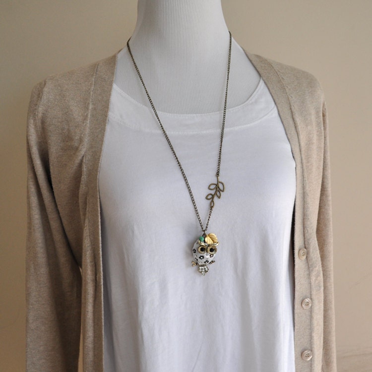 white owl necklace antique bronze necklace vintage style leaf necklace long necklace