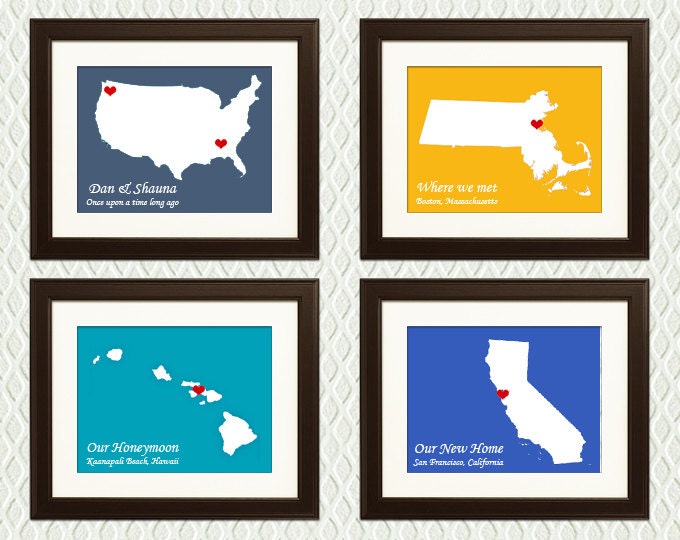 Bridesmaids Gifts to the Bride on her Wedding Day - 4 Personalized maps with hearts on the places that matter the most.