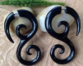 Faux Gauge Earrings, "Goddess" Recycled Black Horn, Naturally Organic, Hand Carved, Tribal