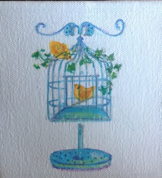 Items similar to Original painting of a vintage bird cage and two