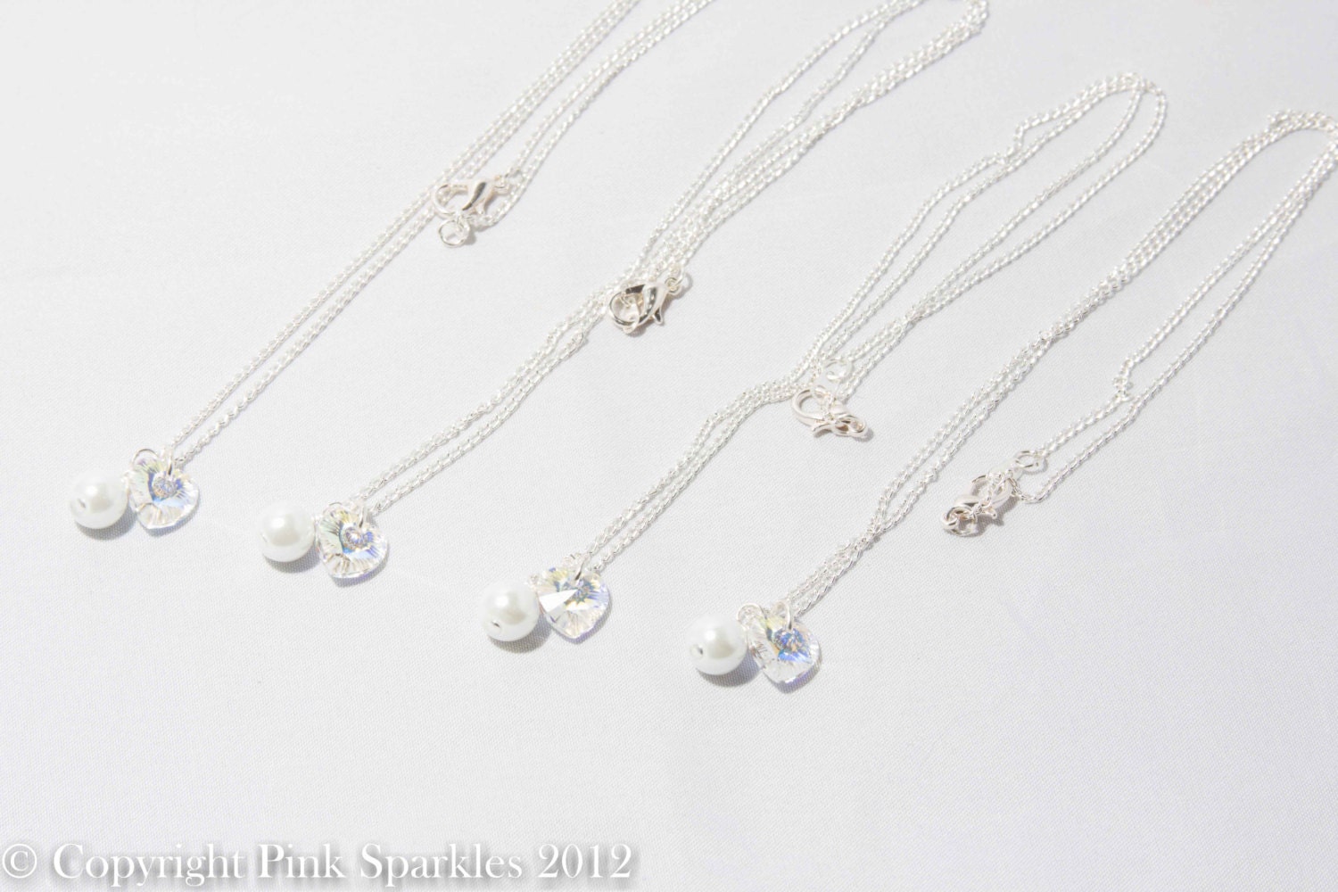 Set of 4 Clear Swarovski Crystal Heart and White Pearl Necklace, Bridal Necklace