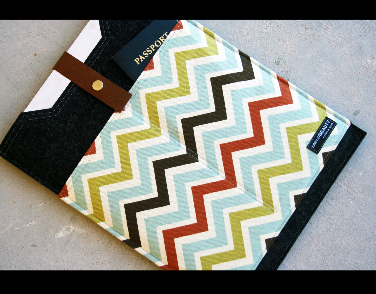 Ipad case - charcoal wool felt sleeve and multicolor chevron fabric front pockets