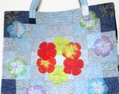 summer blue patchwork tote bag with silk flowers