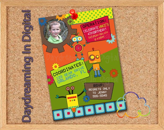 Digital File - 5x7 Robot Gears Birthday invite - Custom Personalized