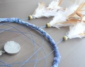Dream Catcher - Moonlight - With Unique White Gemstone Amulet, Brown and White Feathers, Blue Frame and Nett - Home Decor, Mobile