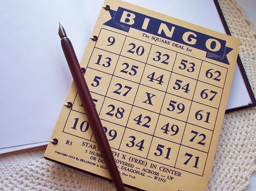 Vintage Bingo Card Writing Journal - Upcycled - Reclaimed Paper and Ephemera - Coptic Stitch Bound