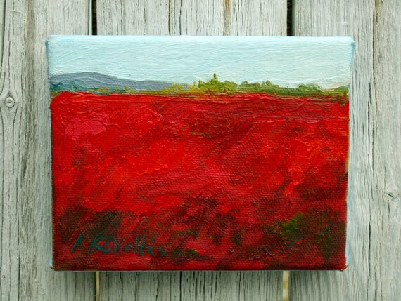 RED and BLUE Blueberry fields, aka Barrens Maine , Expressive small  Landscape Painting . Abstract  art oil  4"X5"  canvas