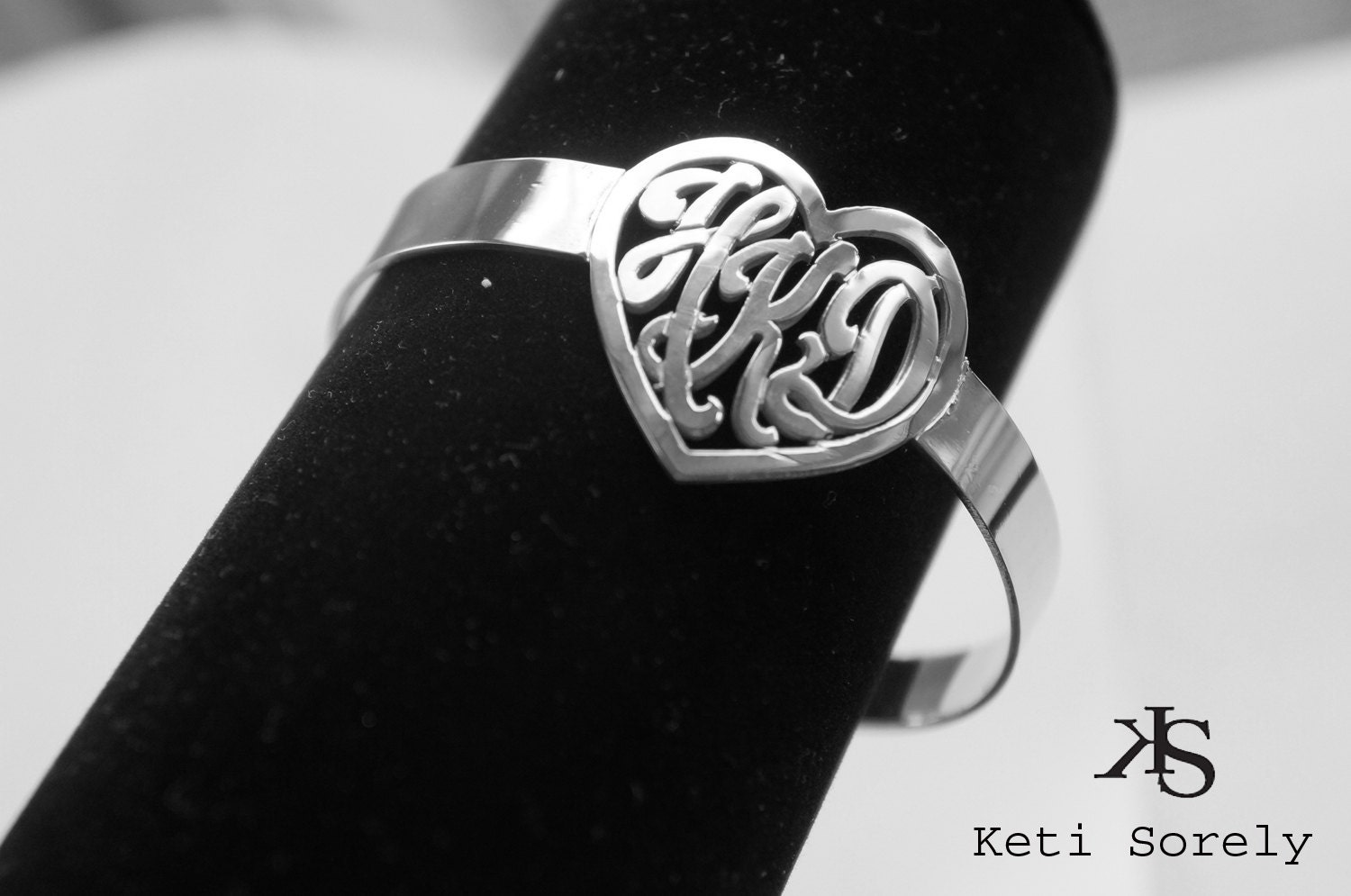 Monogrammed Initials Heart Bangle (Order Any Initials) -  Sterling Silver