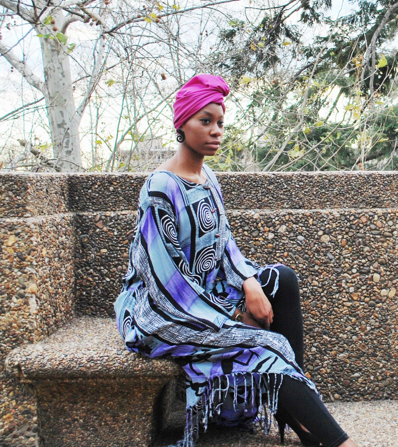 Vintage 70s Purple and Black Ethnic Print Kaftan