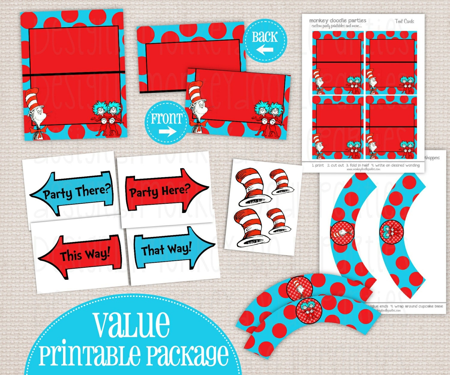 Adorable Cat in the Hat Thing 1 & 2 Printable Birthday Party Package - Tent Cards, Party Signs and Cupcake Wrappers Il_170x135