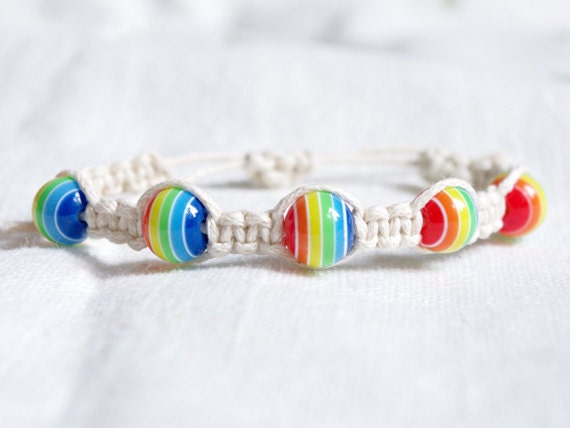 Ivory Beige Hemp Bracelet with Rainbow Beads - Macrame Positive Rainbow Bracelet - Friedship Bracelet