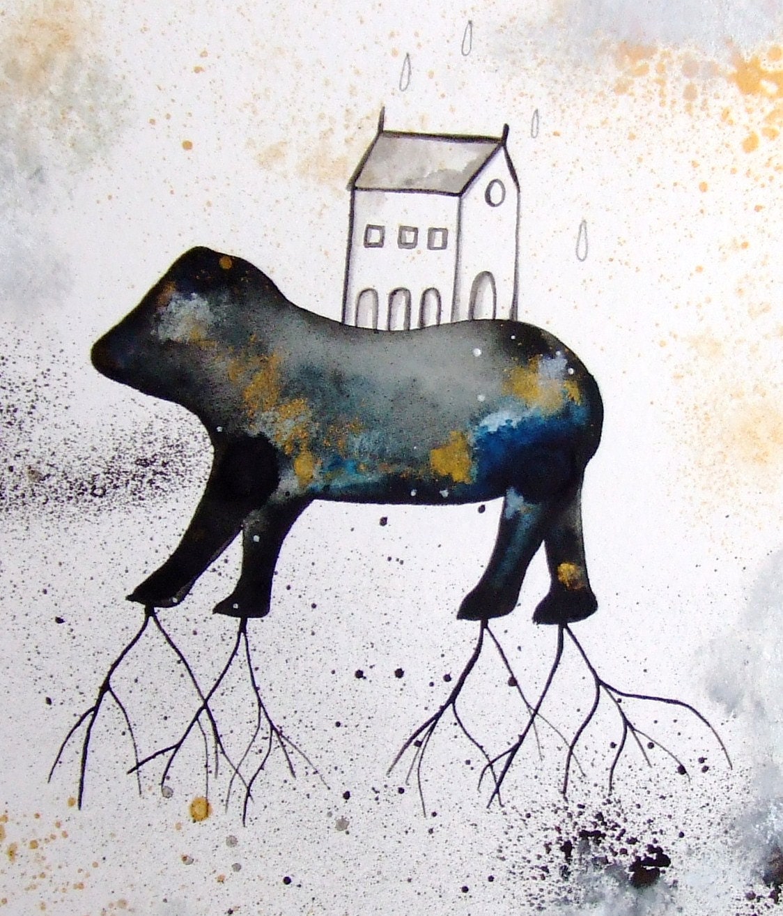 Animal Original Watercolor Painting House Sky Drops Landscape Abstract Art Contemporary Art Drawing Home Decor Wall Art Gray Blue Gold