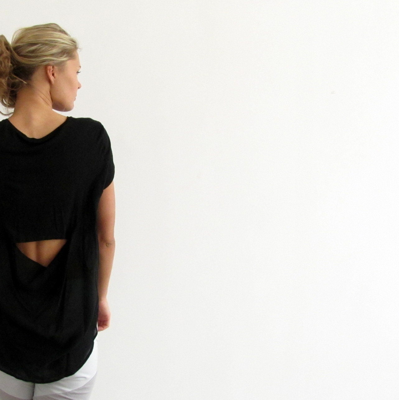 Mix Fabric Shirt, Open Back Black  Blouse, short Sleeves Shirt