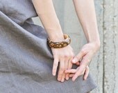 Woodland Bird Wooden Bangle - Hippie Pyrography Bracelet - Wood Jewelry