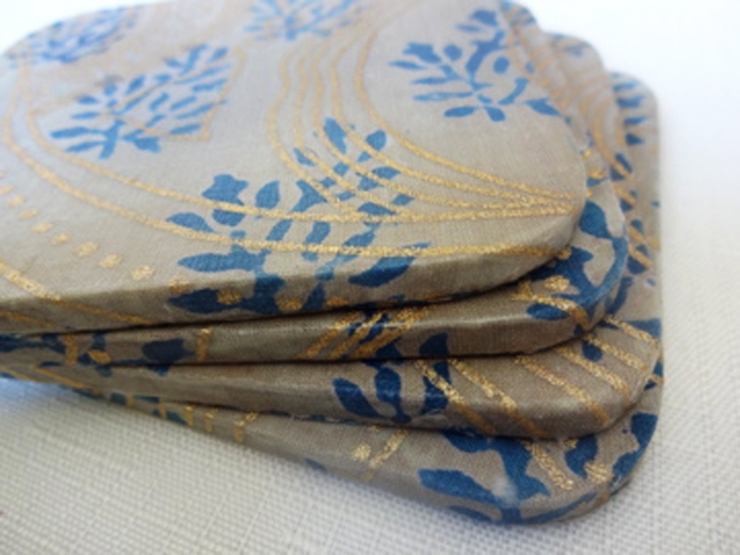 Handmade Decoupaged Wooden Coasters - Indian Print - Cotton cloth - Blue, White & Gold - motifs