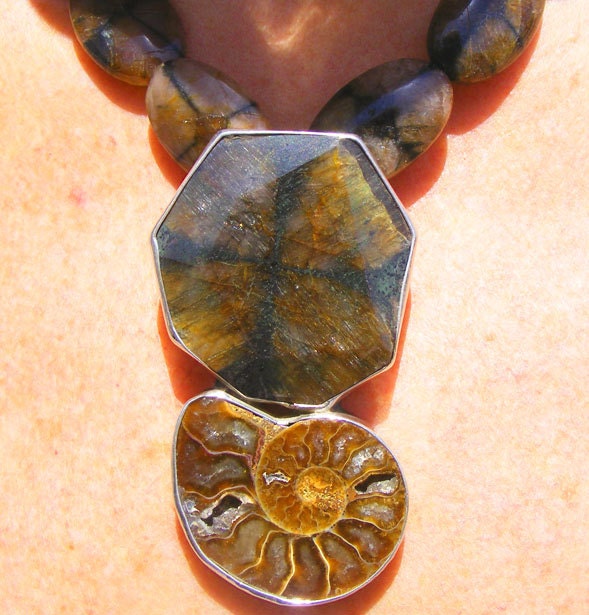 One of a Kind, AMMONITE, ANDALUSITE, FOSSIL Necklace, Sterling Silver