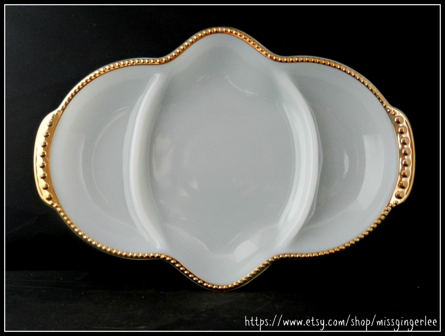 Vintage 1950's Fire King Oven Ware Anchor Hocking milk glass divided serving tray serving candy nut dish relish tray with gold hobnail trim