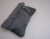 fold-over clutch, tweed and leather