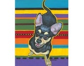 Black and Tan Chihuahua on Mexican Serape Glicee Print from original painting - Four on the Floor on a Serape - Korpita ebsq
