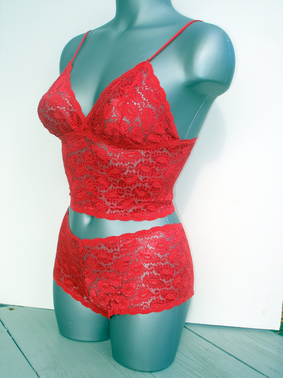 Racey Lacey Bright Red Camisole Top and Panties Set - lingerie or sleepwear