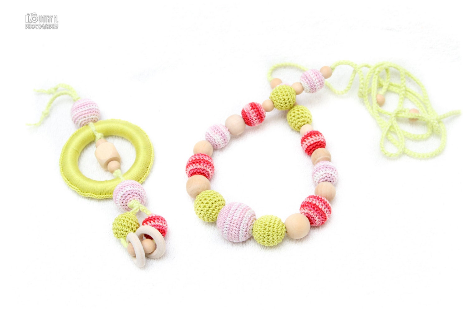 Colorful Set for Mom and Baby - Nursing necklace and Teething Toy - coral, baby pink, spring green