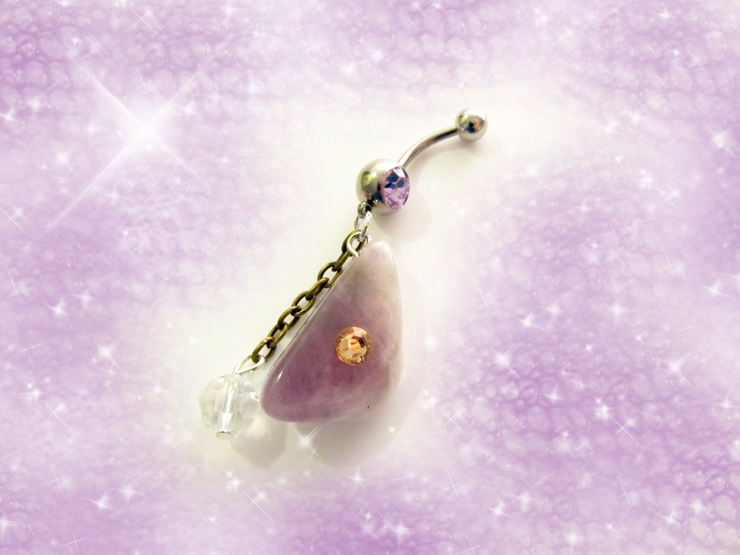 Natural light Purple Amethyst Stone Drop with Gold Rhinestone an Dangling Swarovski Crystal, Belly Button Ring, Belly Button Jewelry for Her