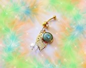 Belly Ring, Dangling Turquoise Moon, 14K Gold Leaf and Swarovski Crystal, Belly button Jewelry for Her